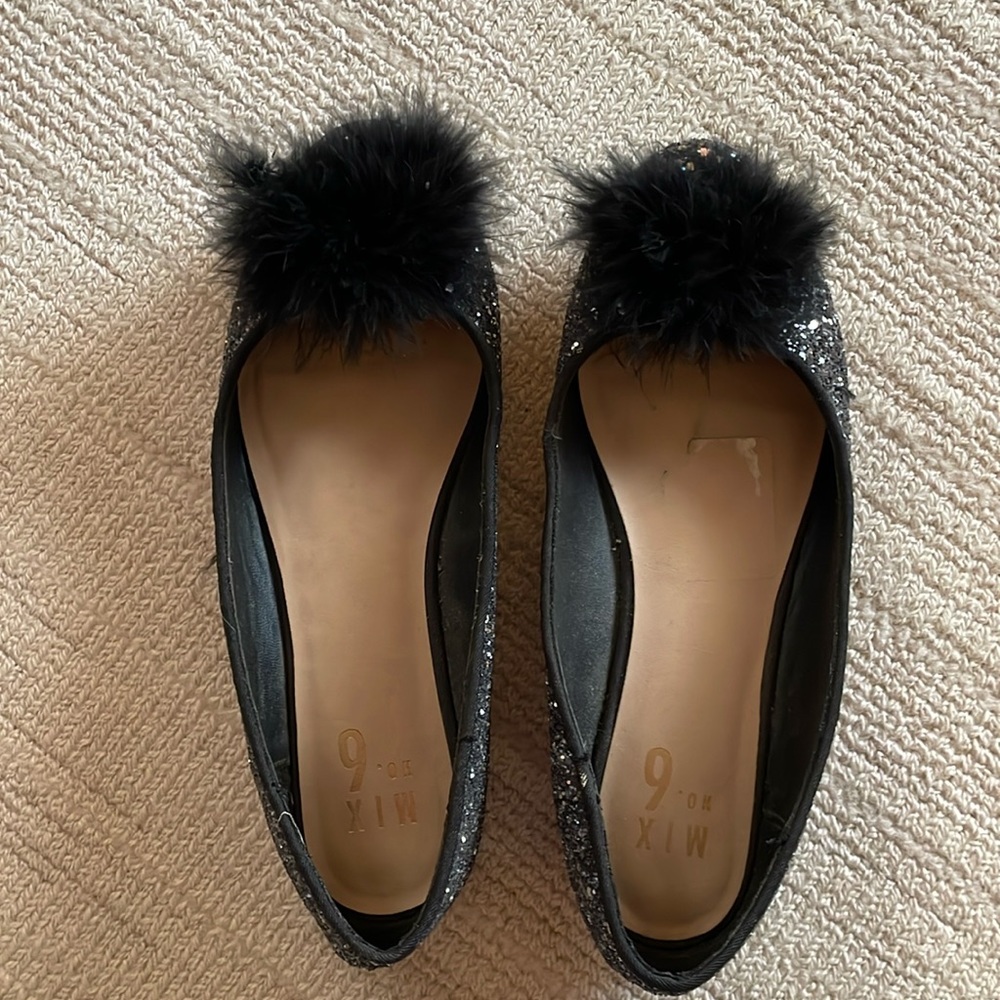 Mix #6 sparkling flat shoes with fur Pom Pom. Pom Pom I would say is faux fur